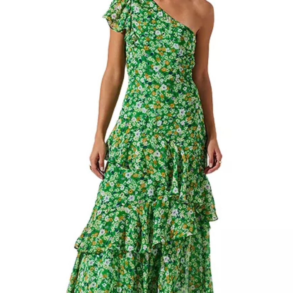 Astr Green One-Shoulder Sundress with Tiered Ruffles